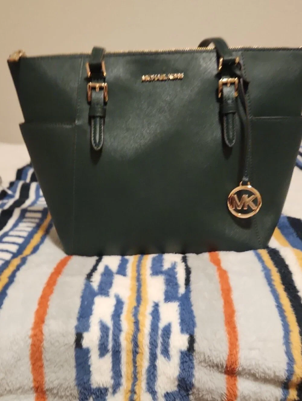 Michael Kors Forest Green Leather Tote with Gold Hardware
